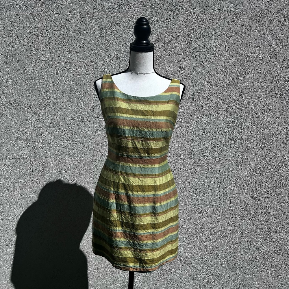 Maggy London Green and Brown Striped Midi Dress